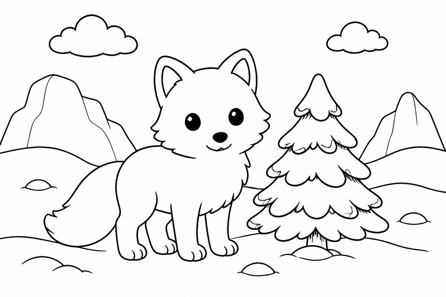 Renard des neiges près d’un pin nain