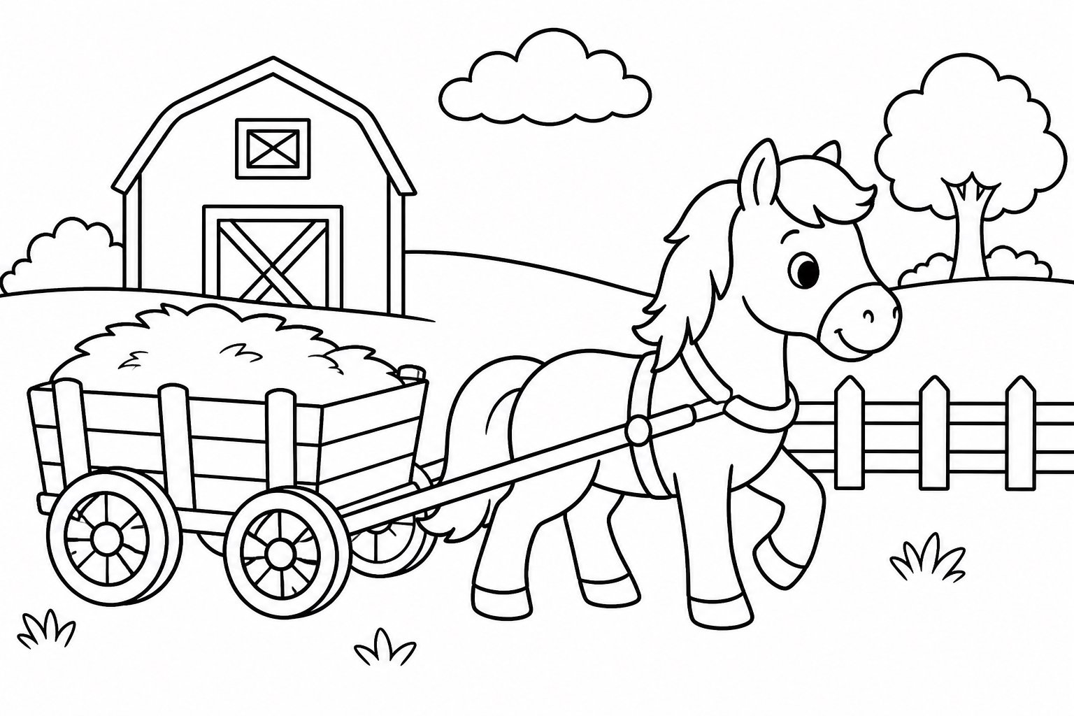 Poney tirant une charrette en bois