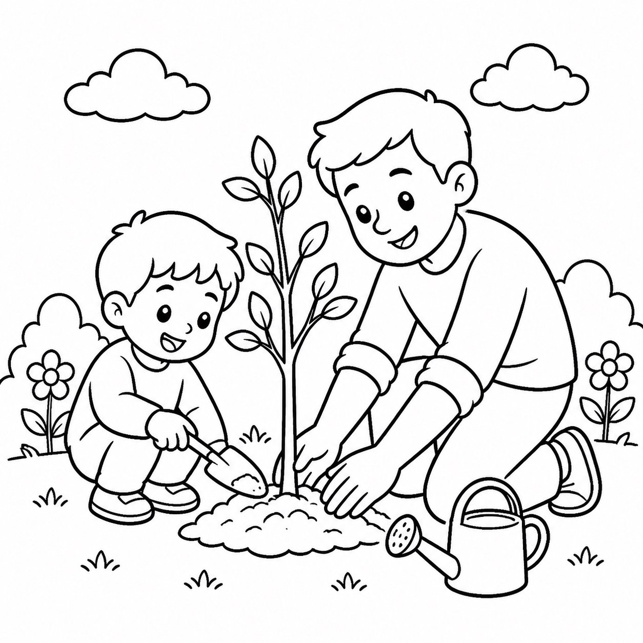 Родитель и ребёнок вместе сажают маленькое дерево