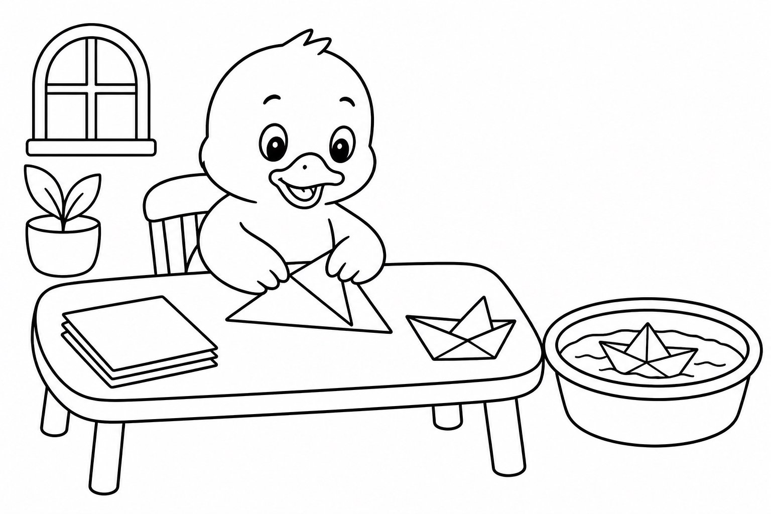 Patito haciendo un barco de papel