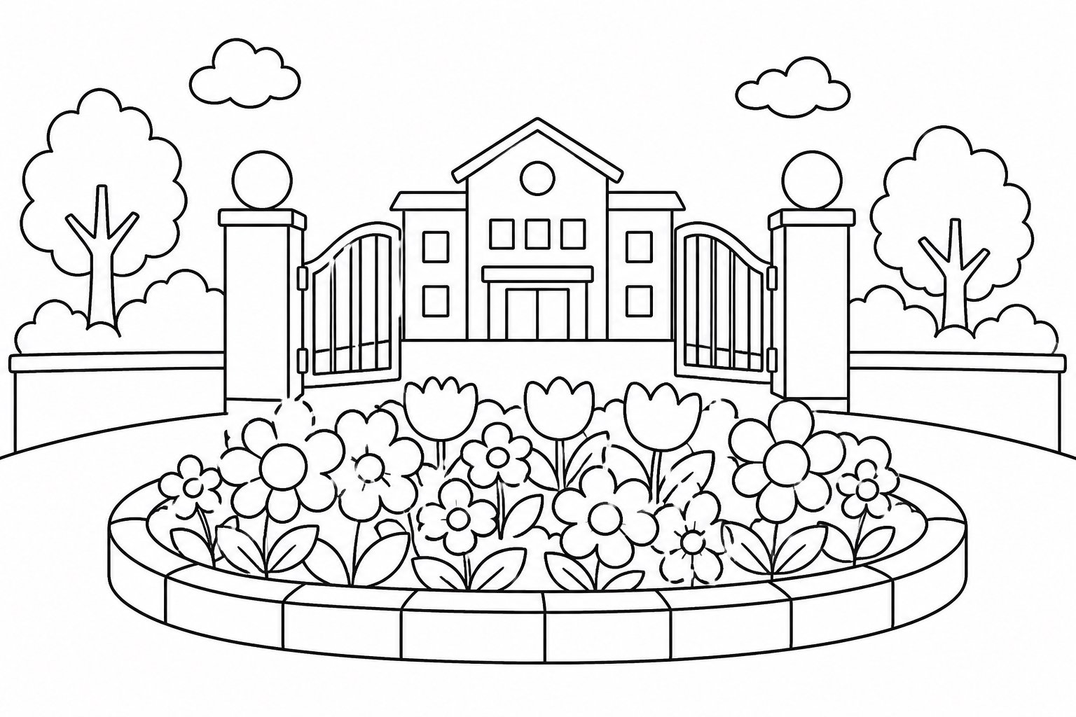Canteiro de flores de boas-vindas na entrada da escola