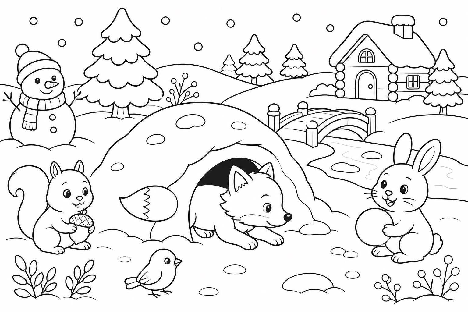 A pequena raposa entra em uma caverna de neve
