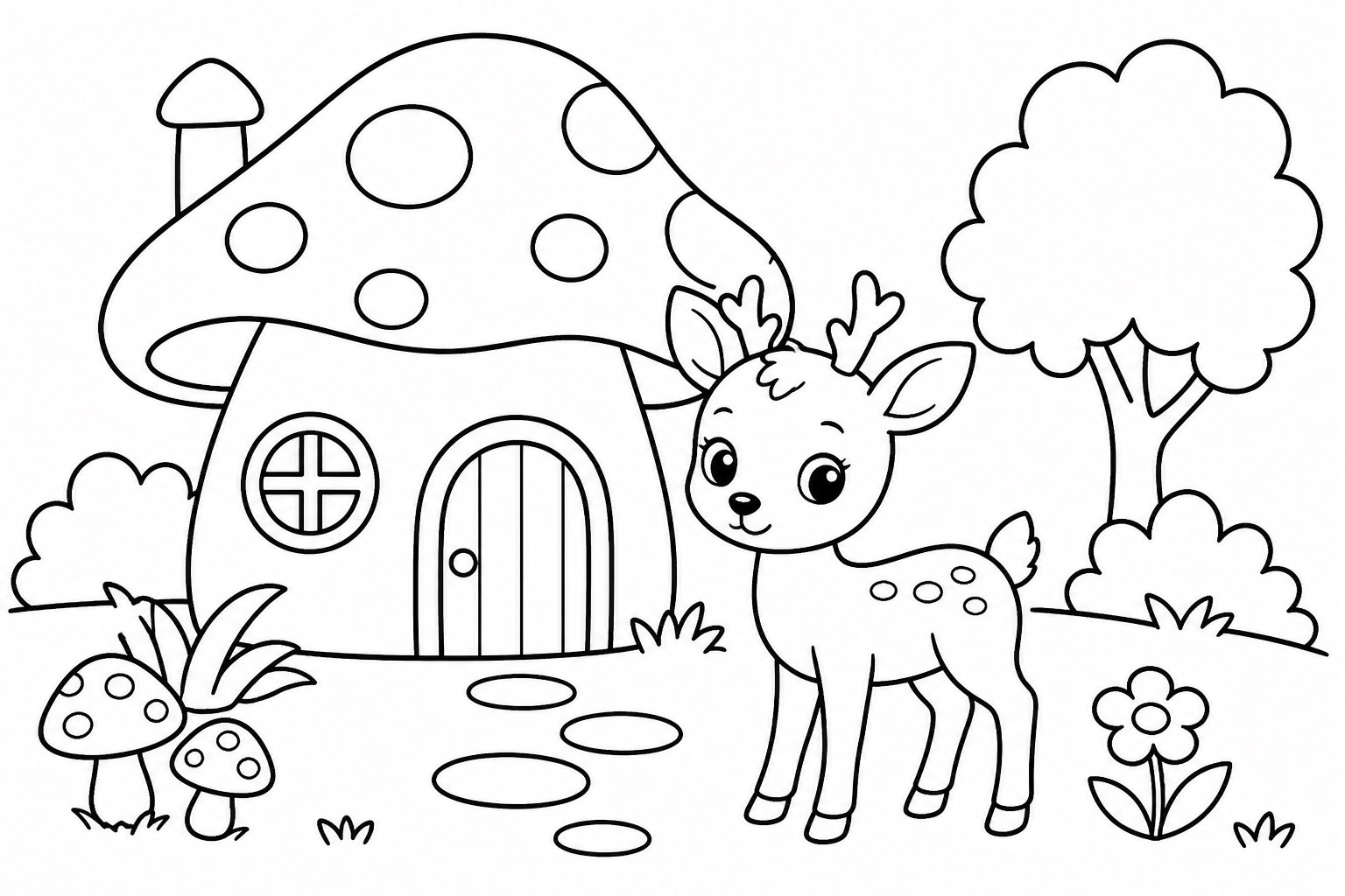 Faon devant la maison champignon