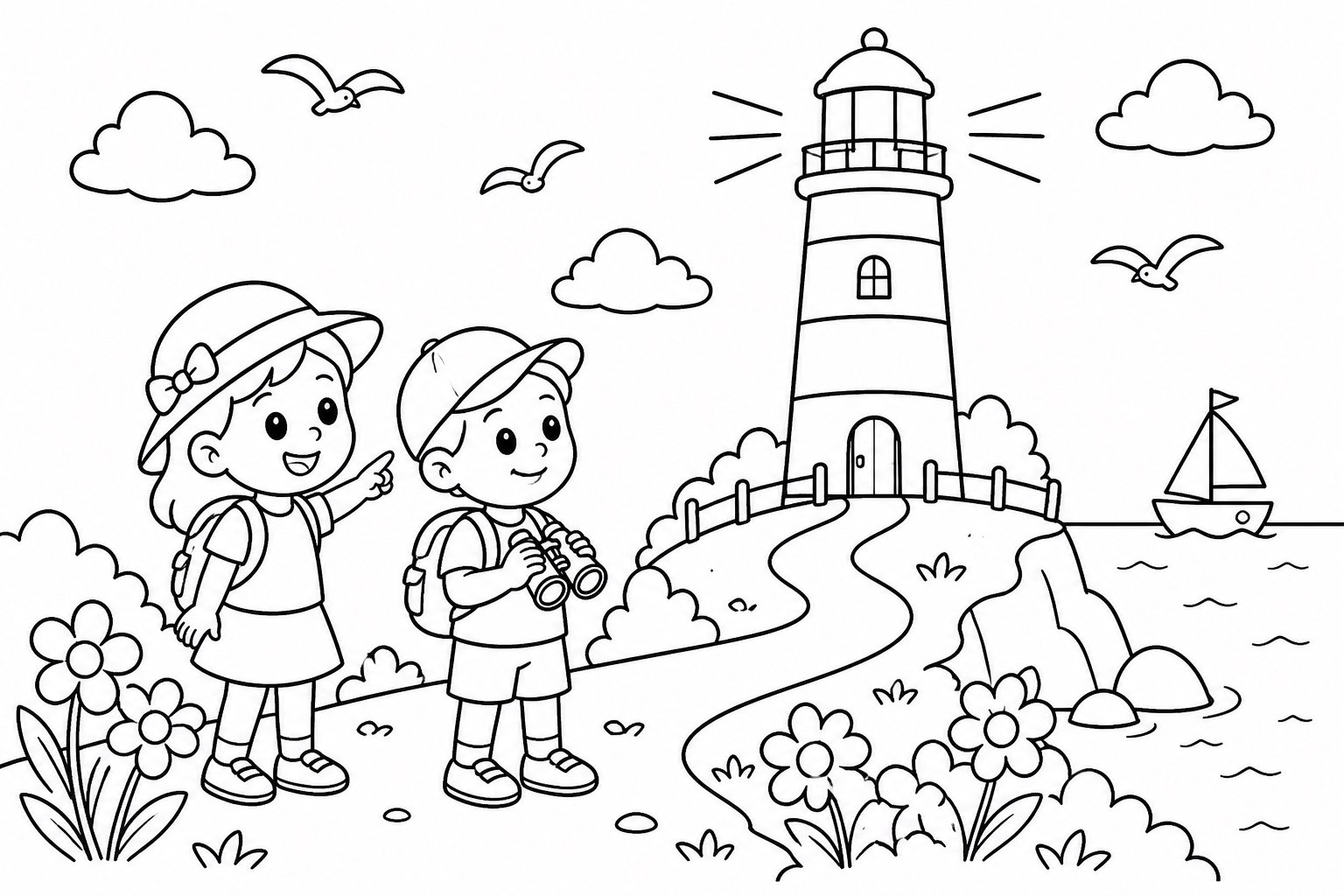 Niño visita un faro junto al mar
