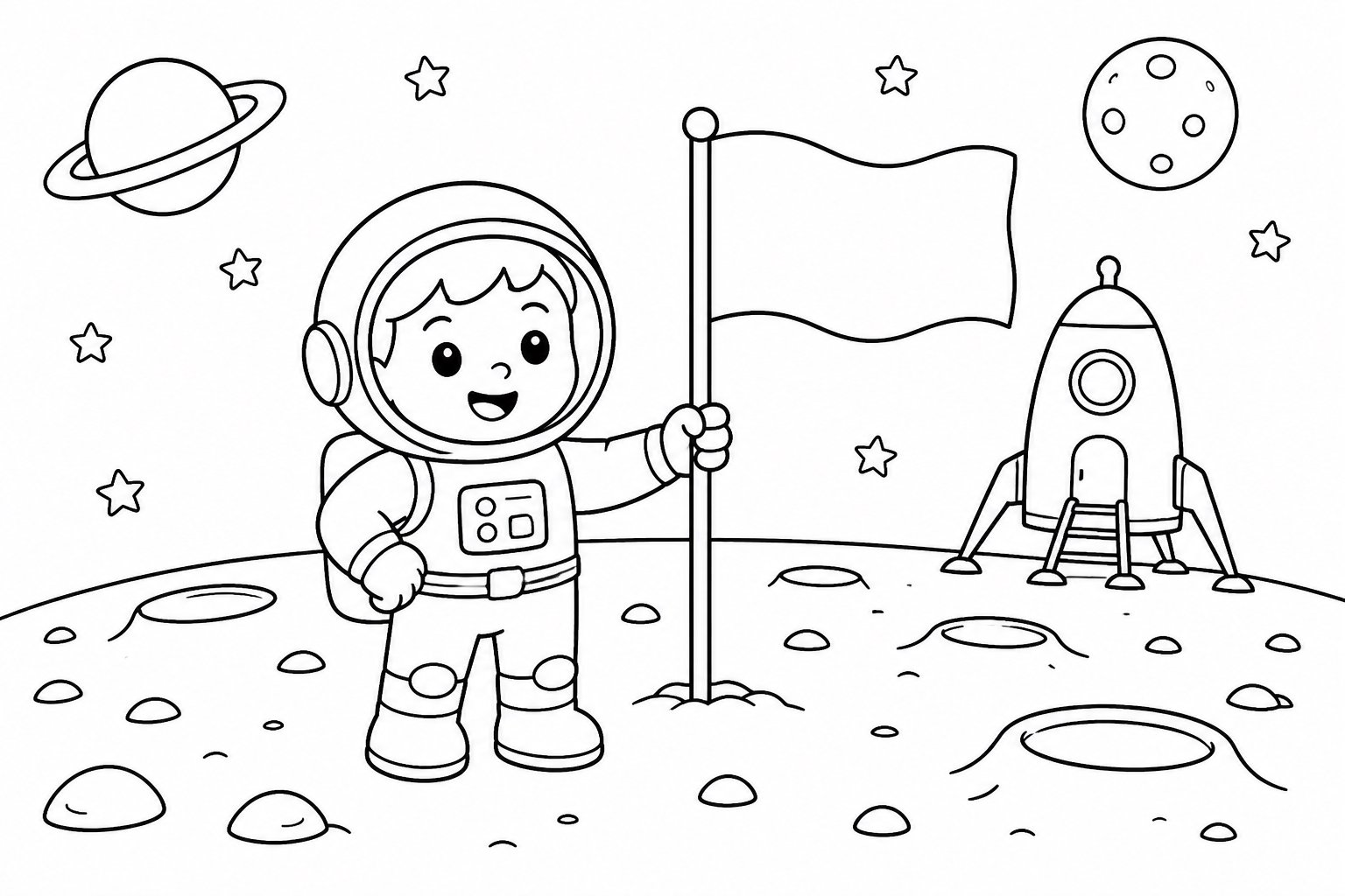Pequeño astronauta plantando una bandera en la Luna