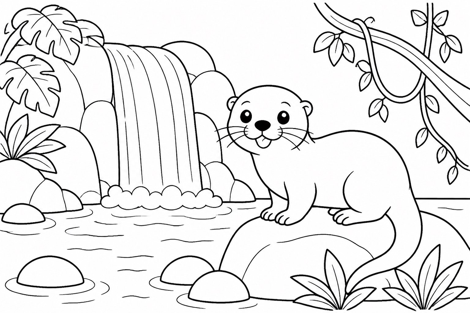 Lontra ao lado de uma pequena cachoeira na floresta tropical