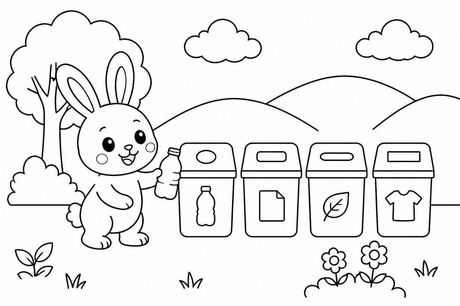 Bac de tri sélectif près du petit lapin
