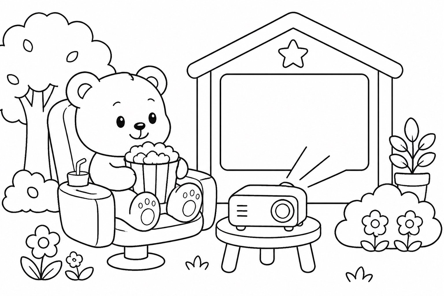 Filhote de urso sentado em uma poltrona de cinema