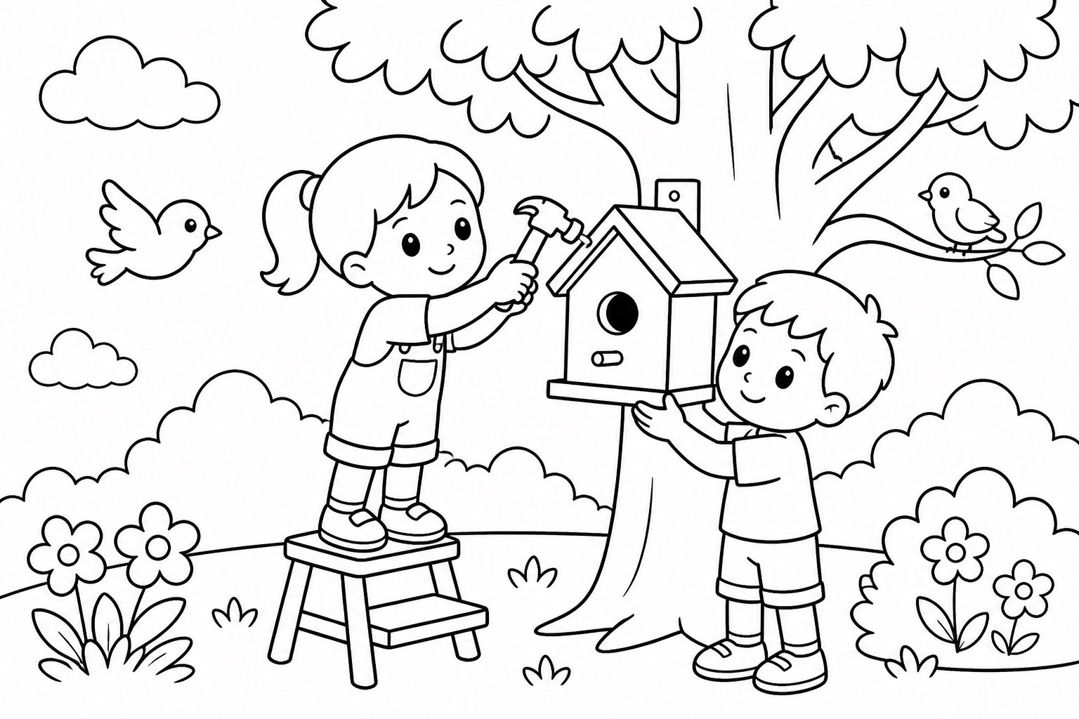 Enfants construisant un nichoir pour les oiseaux
