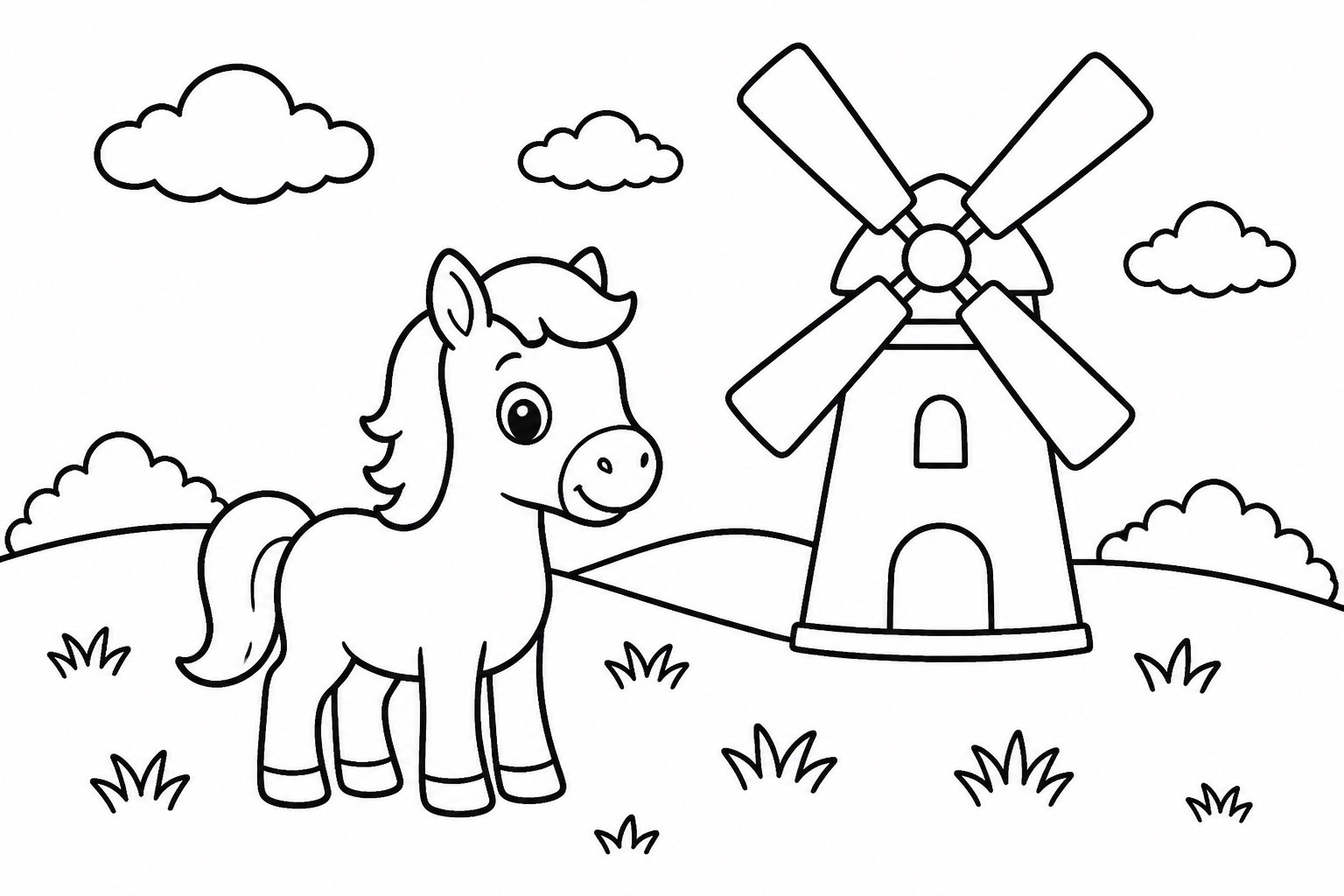 Petit cheval près d’un moulin à vent dans la prairie