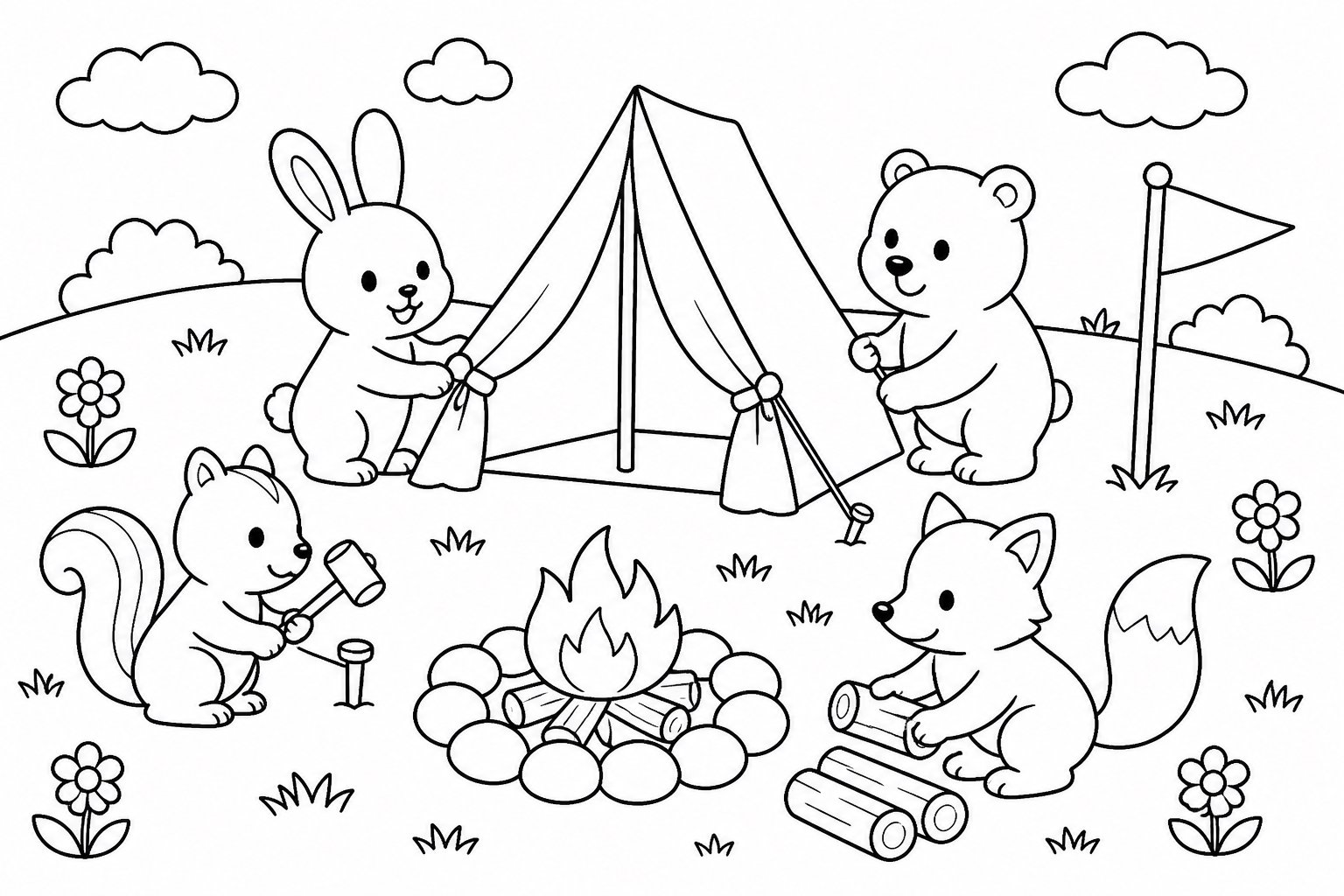 Petits animaux installant une tente