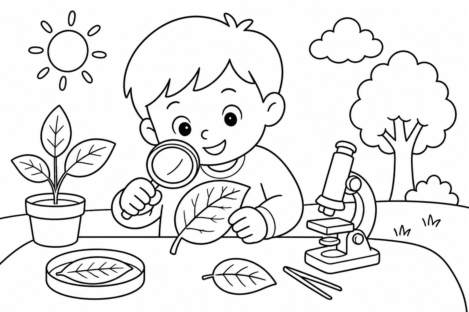 Enfant observant les nervures d’une feuille