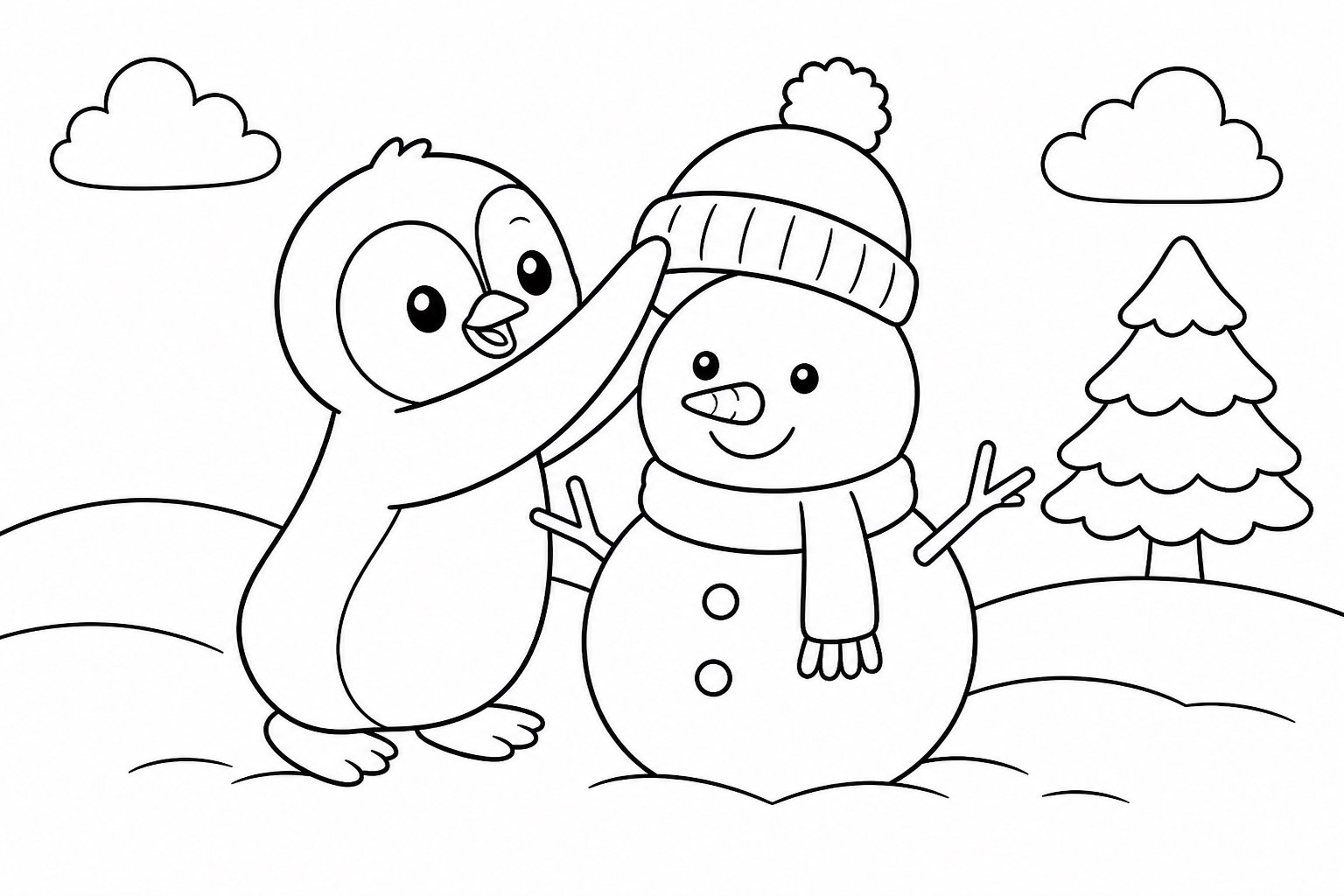 Petit pingouin mettant un chapeau au bonhomme de neige