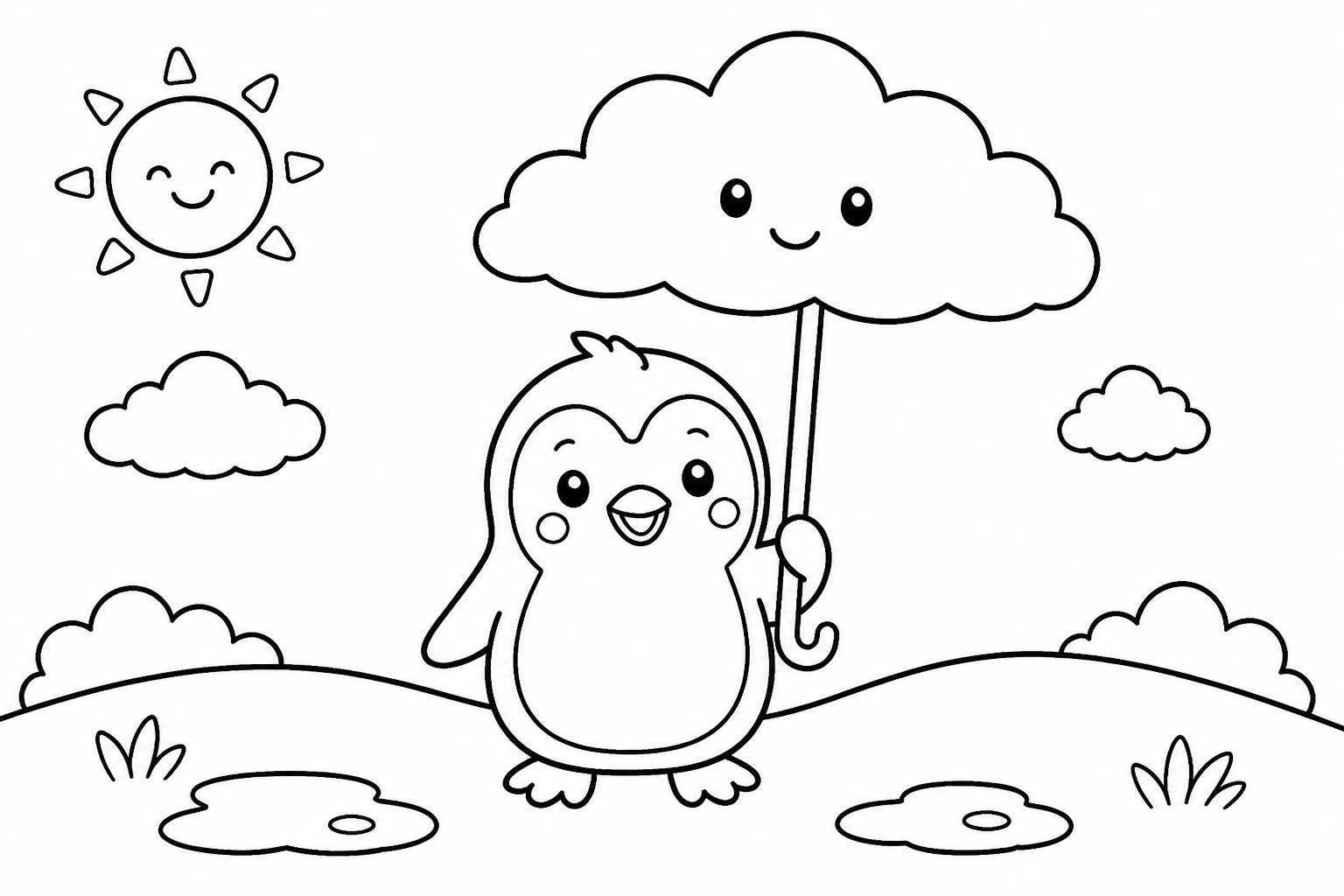 O pinguinzinho segura um guarda-chuva de nuvem