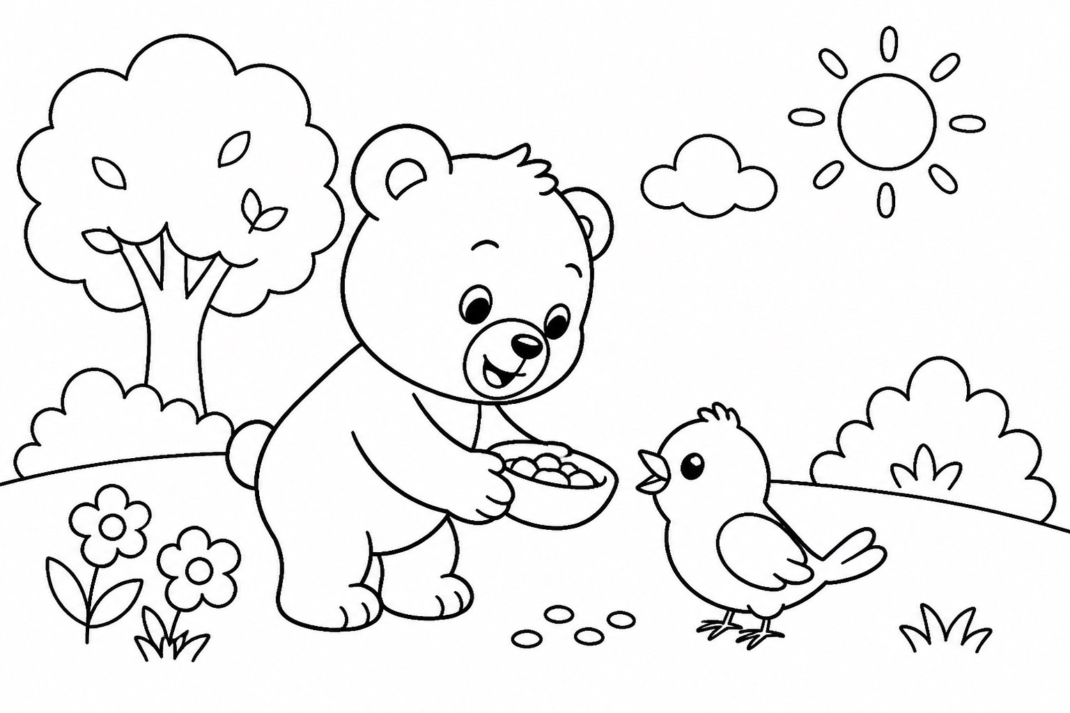 아기 곰이 작은 새에게 먹이를 줘요