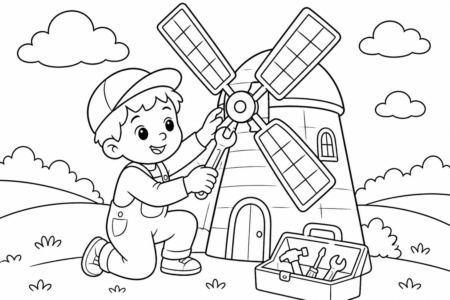 Kinder reparieren eine Windmühle