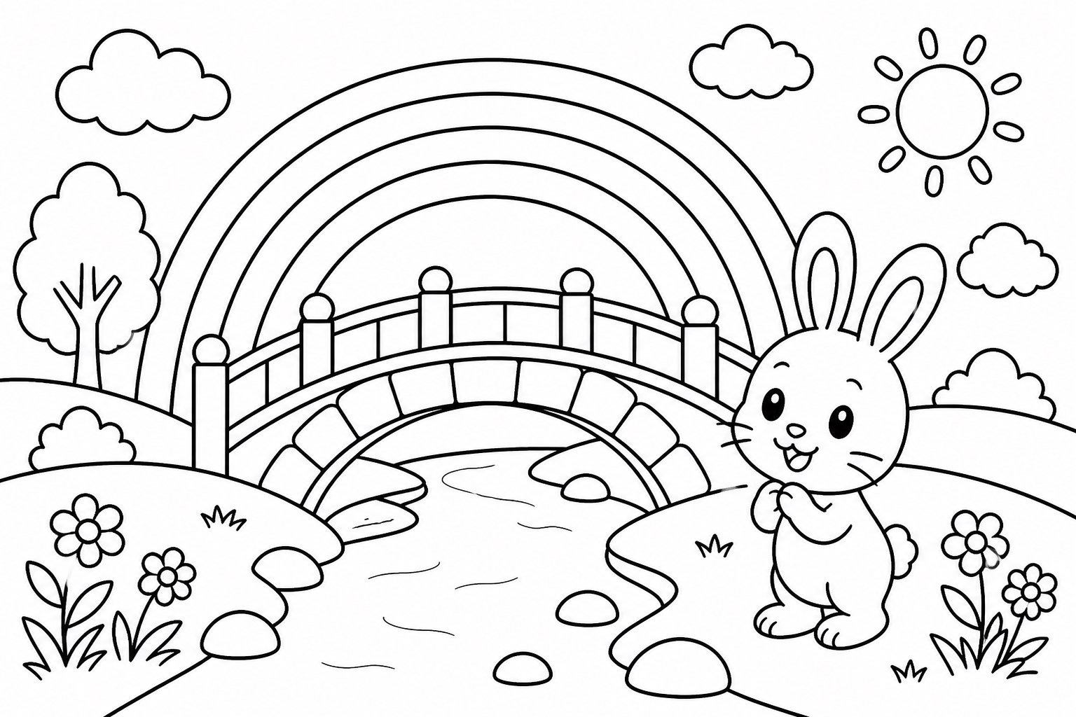 Le petit lapin près du pont arc-en-ciel