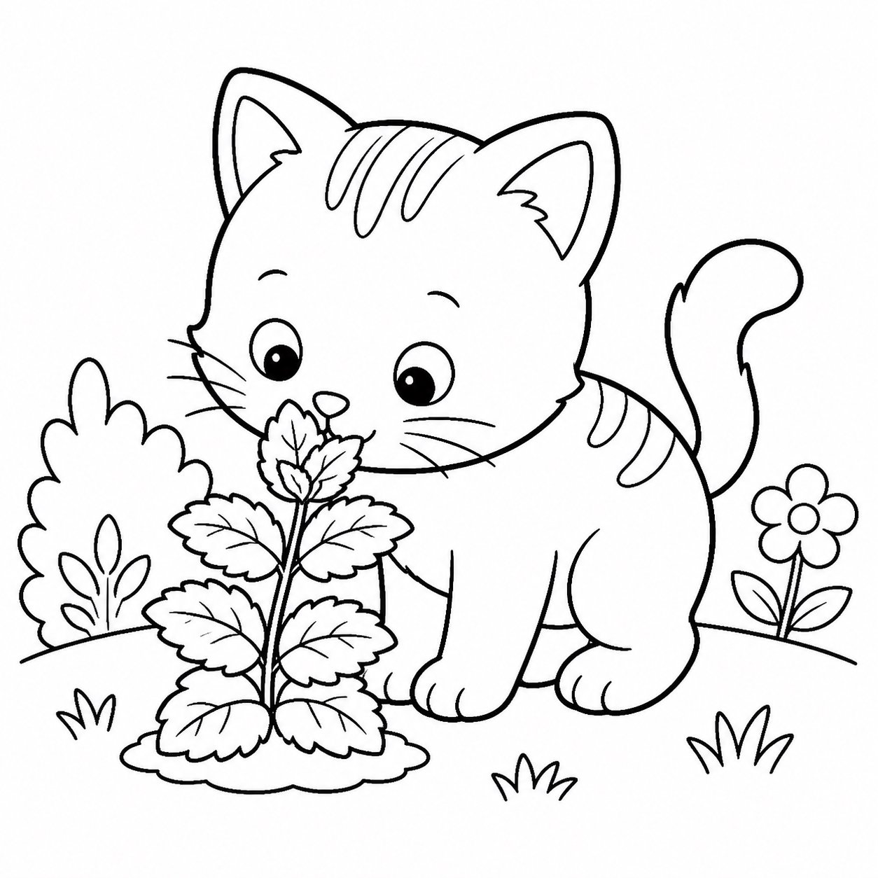 Chaton sentant des feuilles de menthe