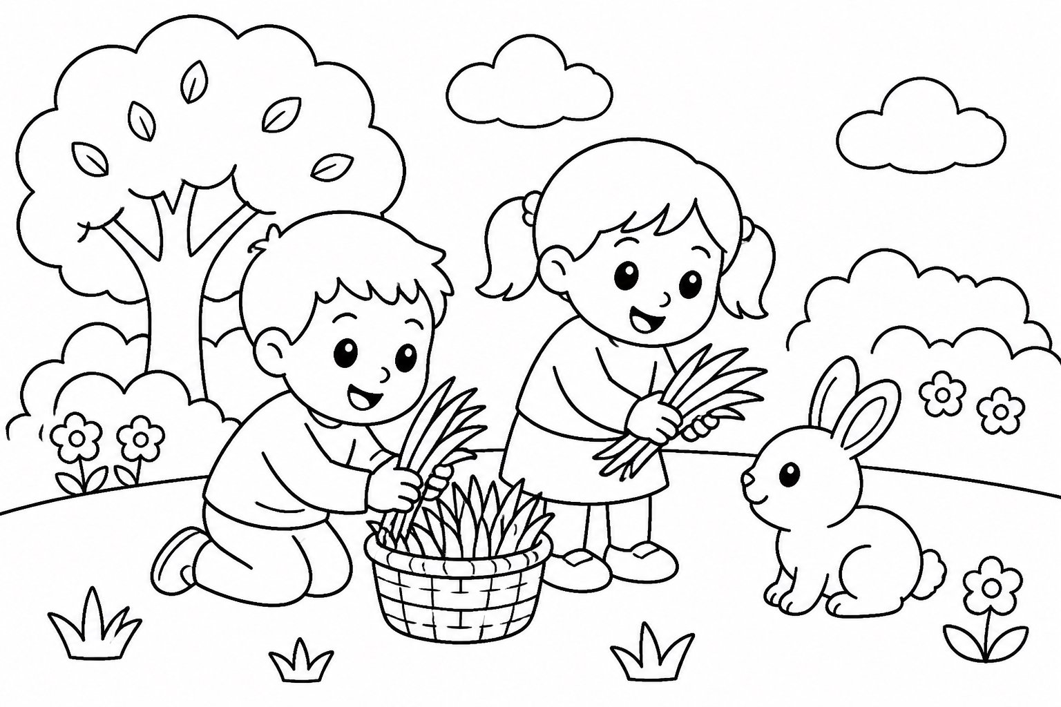 Enfants préparant de l’herbe fraîche pour un petit lapin
