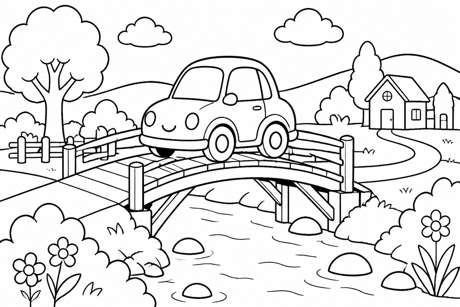 O carrinho atravessa a ponte de madeira