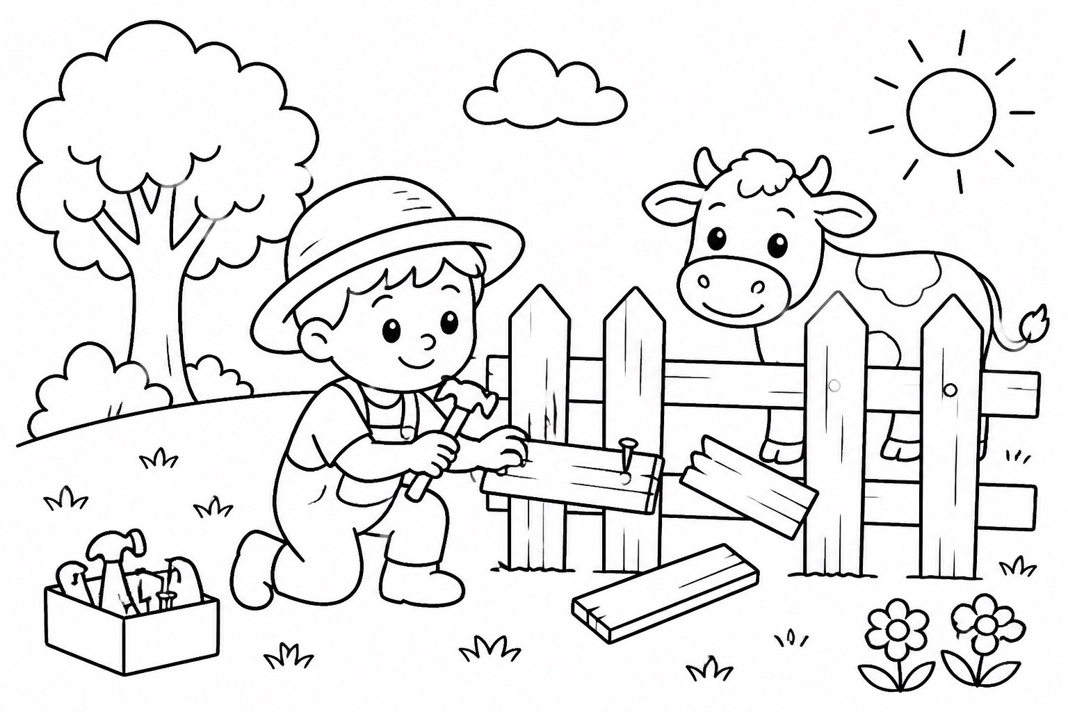 Kinder reparieren den Bauernhofzaun