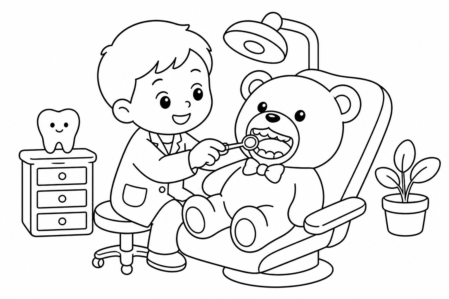 Pequeño dentista examinando los dientes de una muñeca
