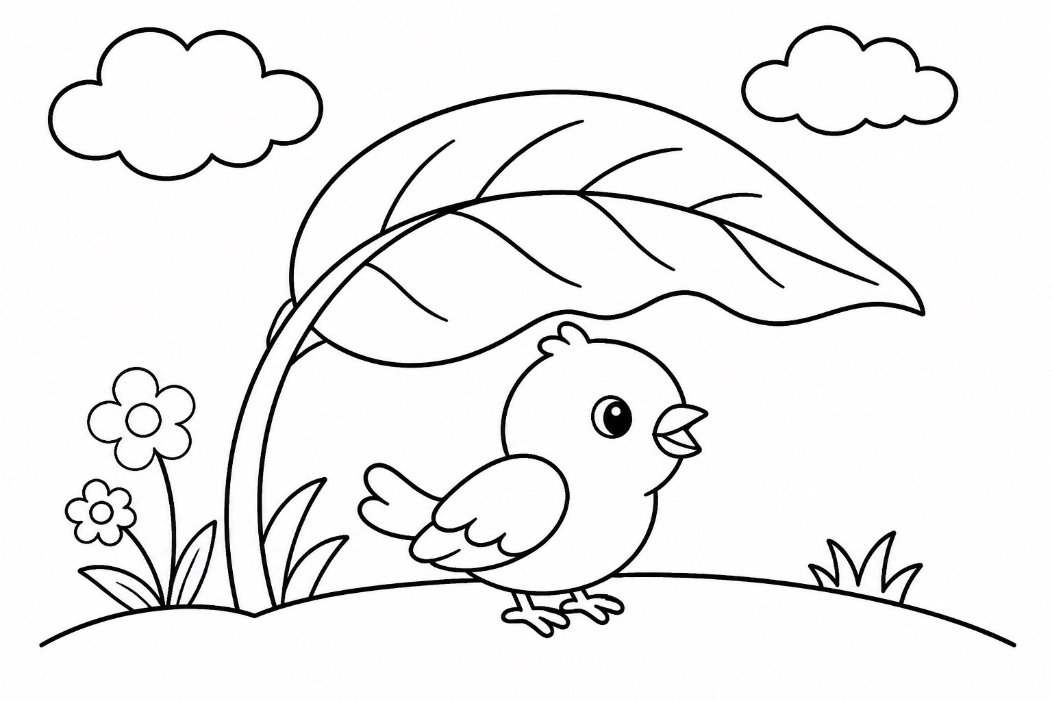 Petit oiseau sous des feuilles en forme de nuages