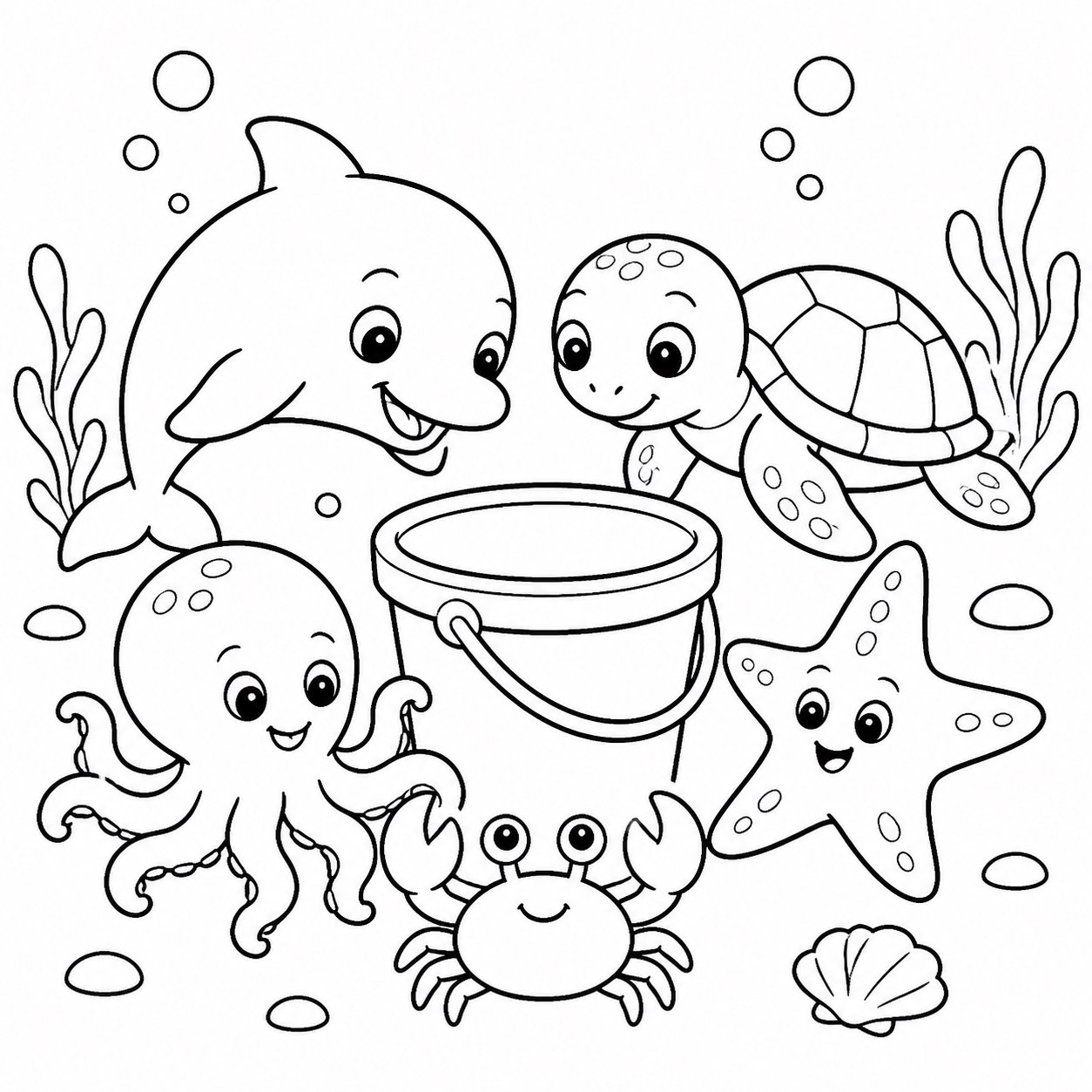 Amigos do oceano ao redor de um balde de água