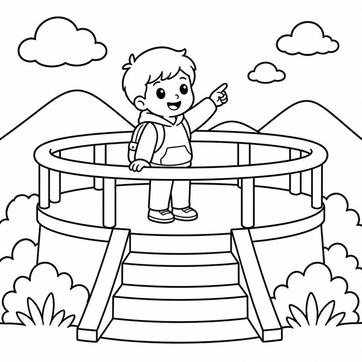 展望台に登る子どもたち