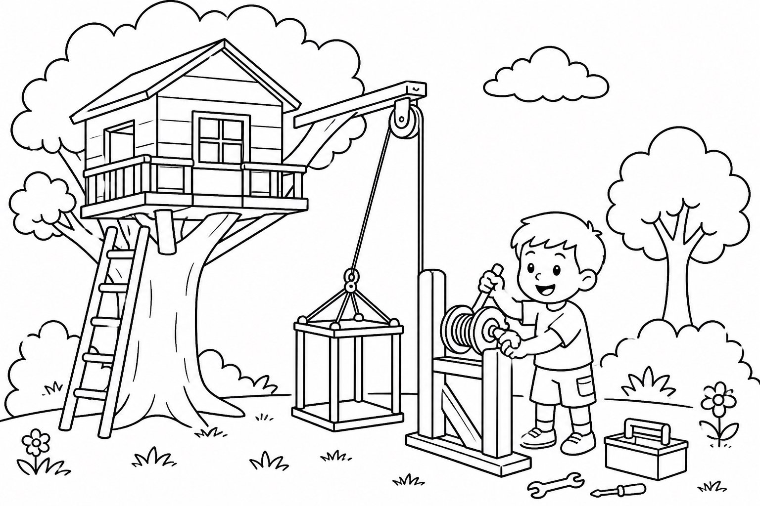 Los niños construyen un ascensor para la casa del árbol