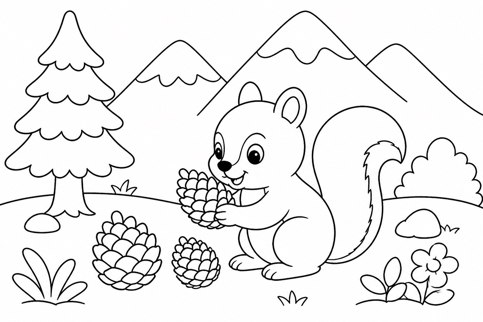 Pequeña ardilla junto a una piña en la montaña