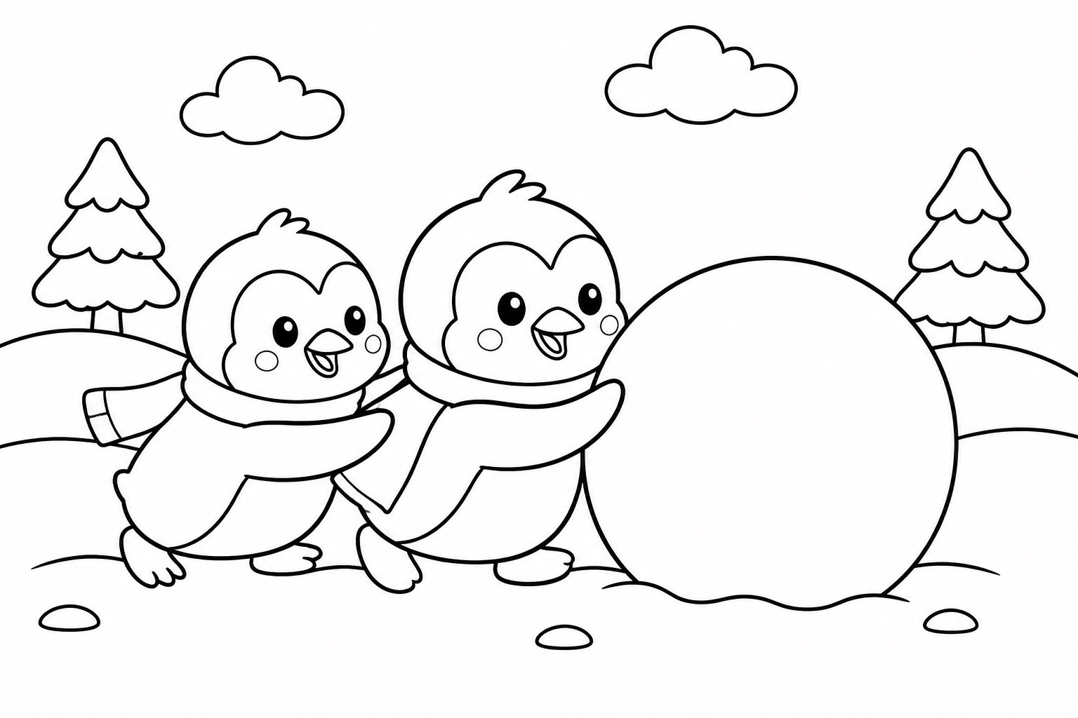 O pinguinzinho empurra uma bola de neve
