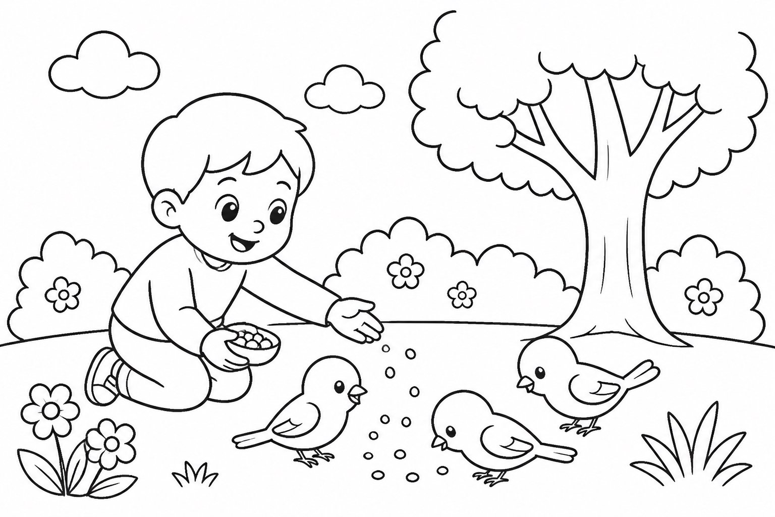 Enfant déposant de la nourriture pour un petit oiseau