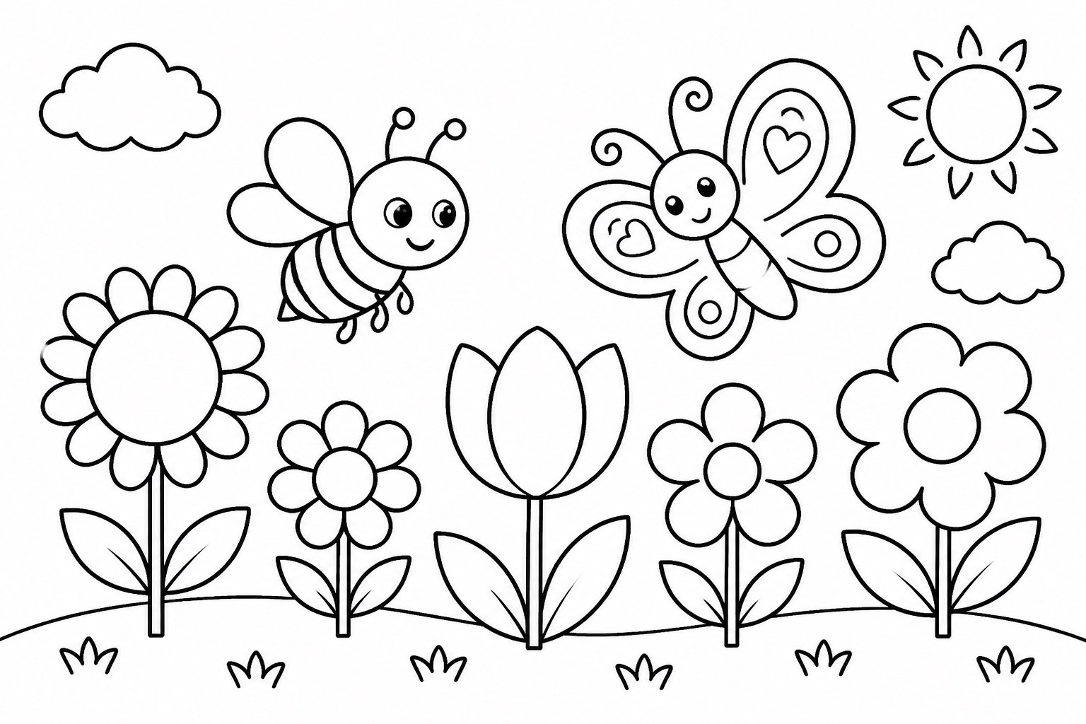 Abejita y mariposita juntas en un campo de flores
