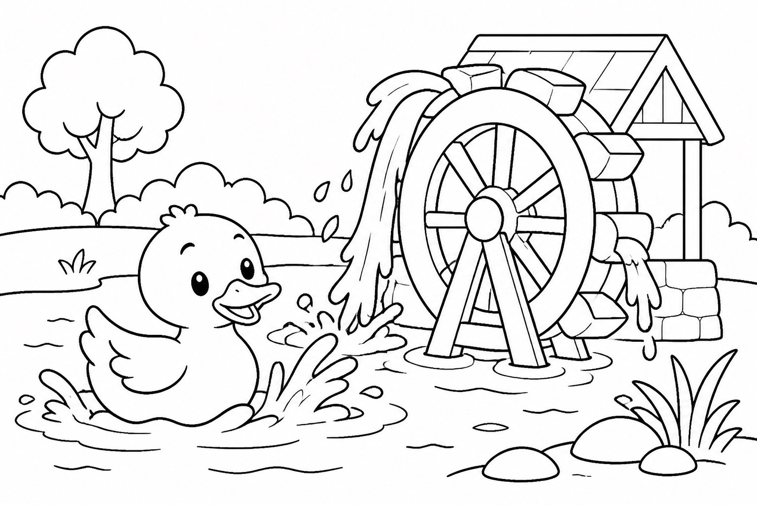 El patito juega en el agua junto a la noria