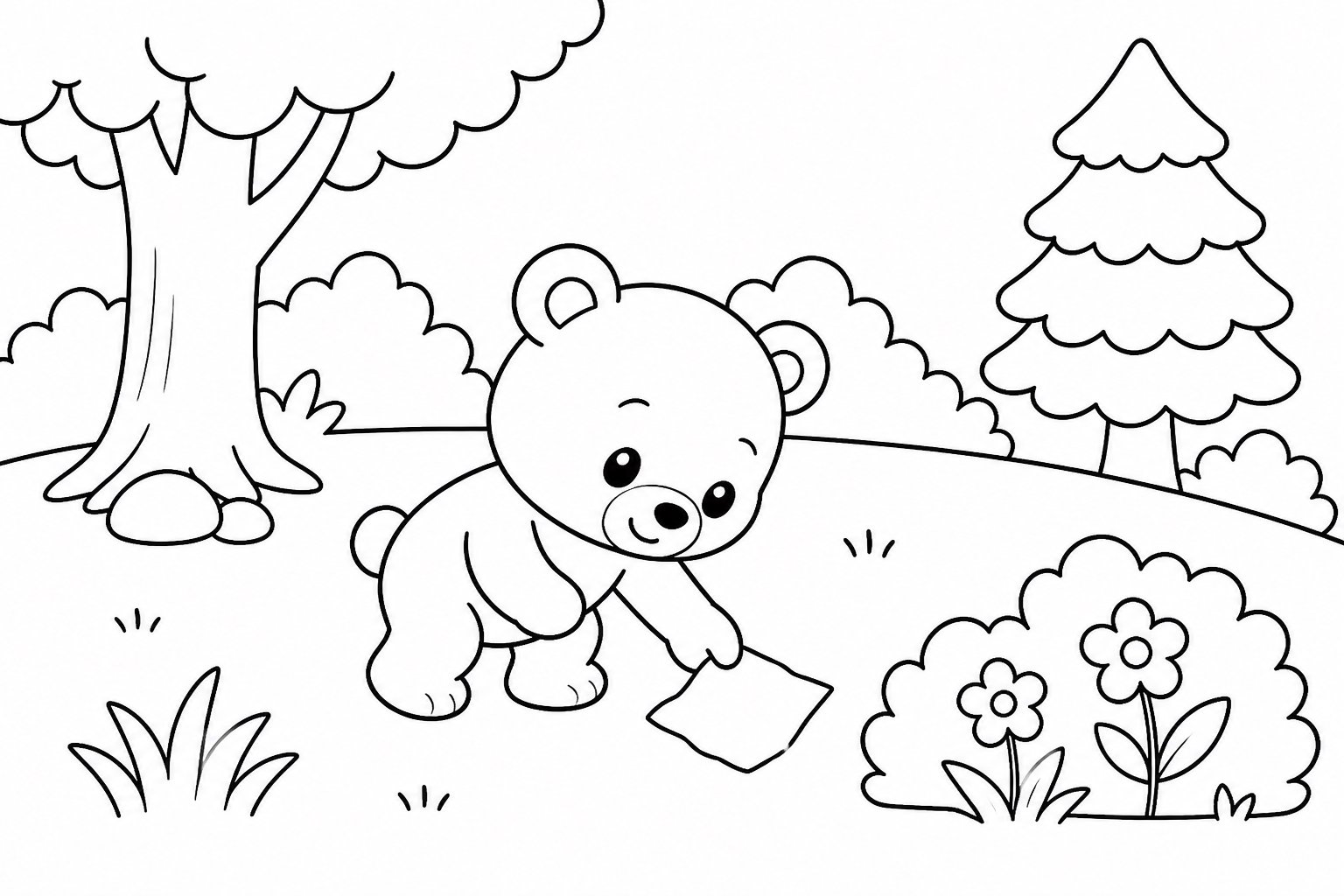 Petit ours ramassant un papier dans la forêt