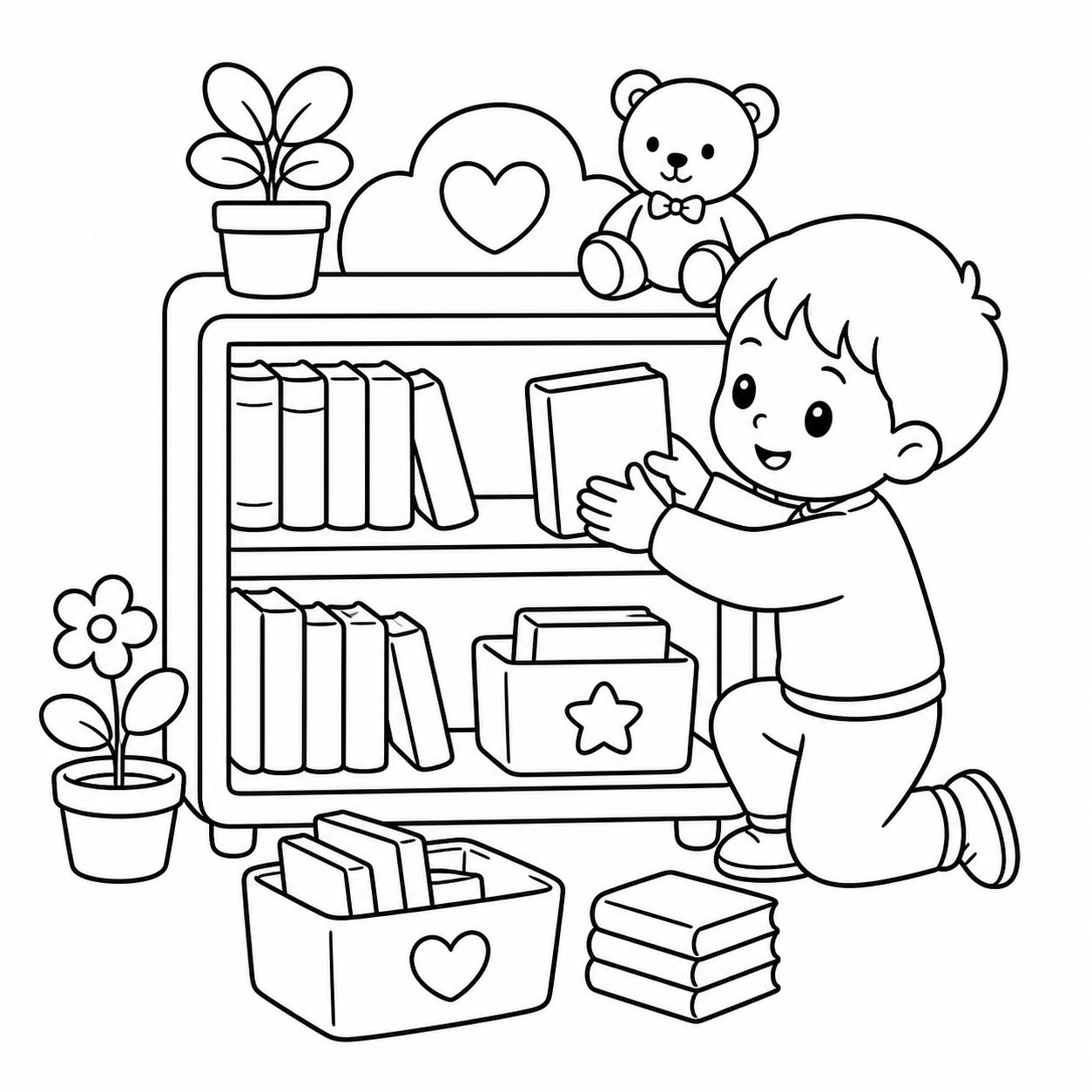 Enfants rangeant une bibliothèque partagée