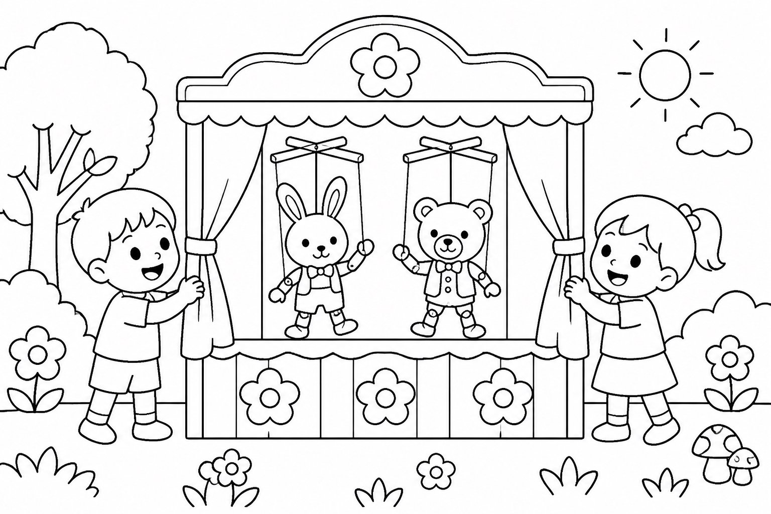 Enfants ouvrant le rideau du théâtre de marionnettes