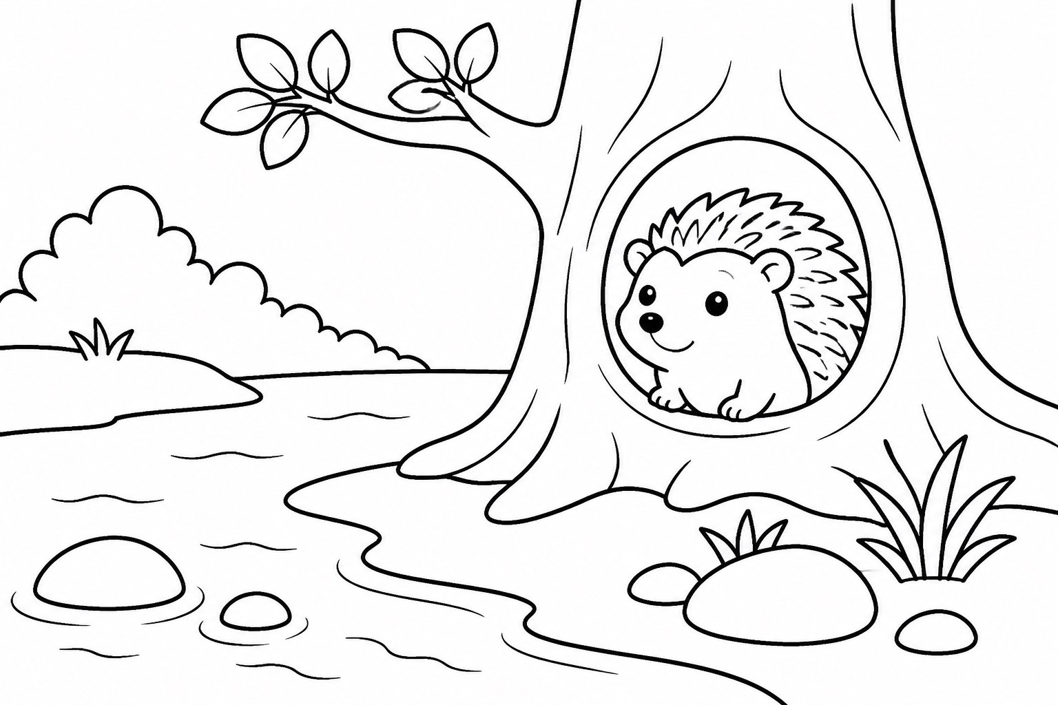 川辺の木の洞のハリネズミ