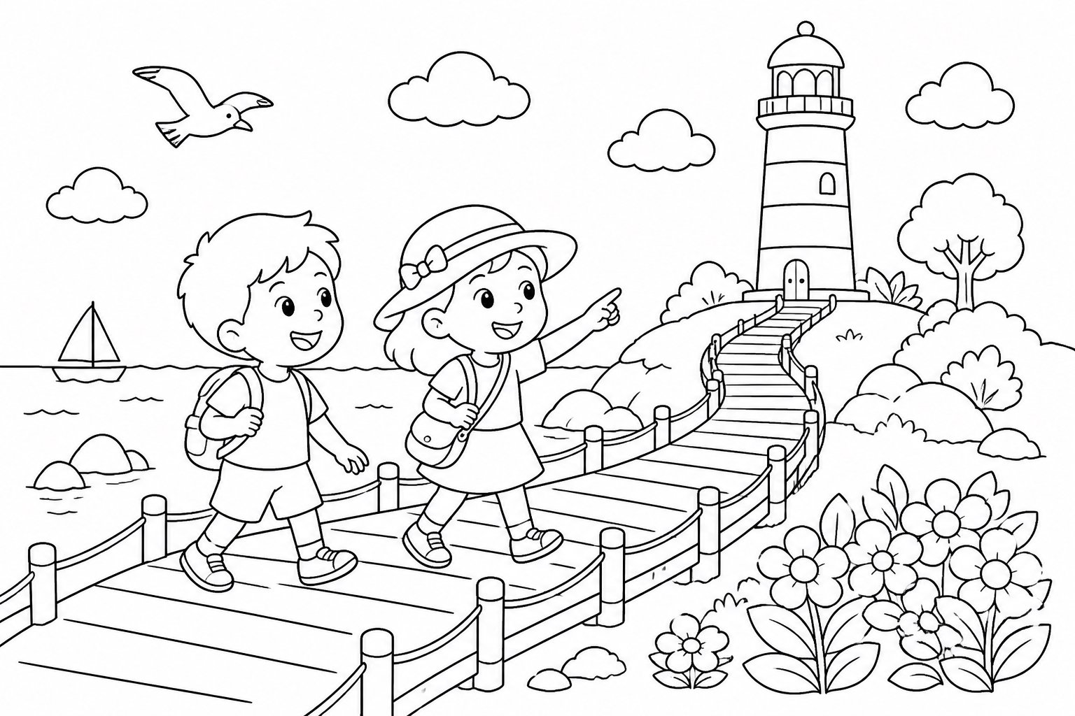 Niños caminando por un paseo de madera