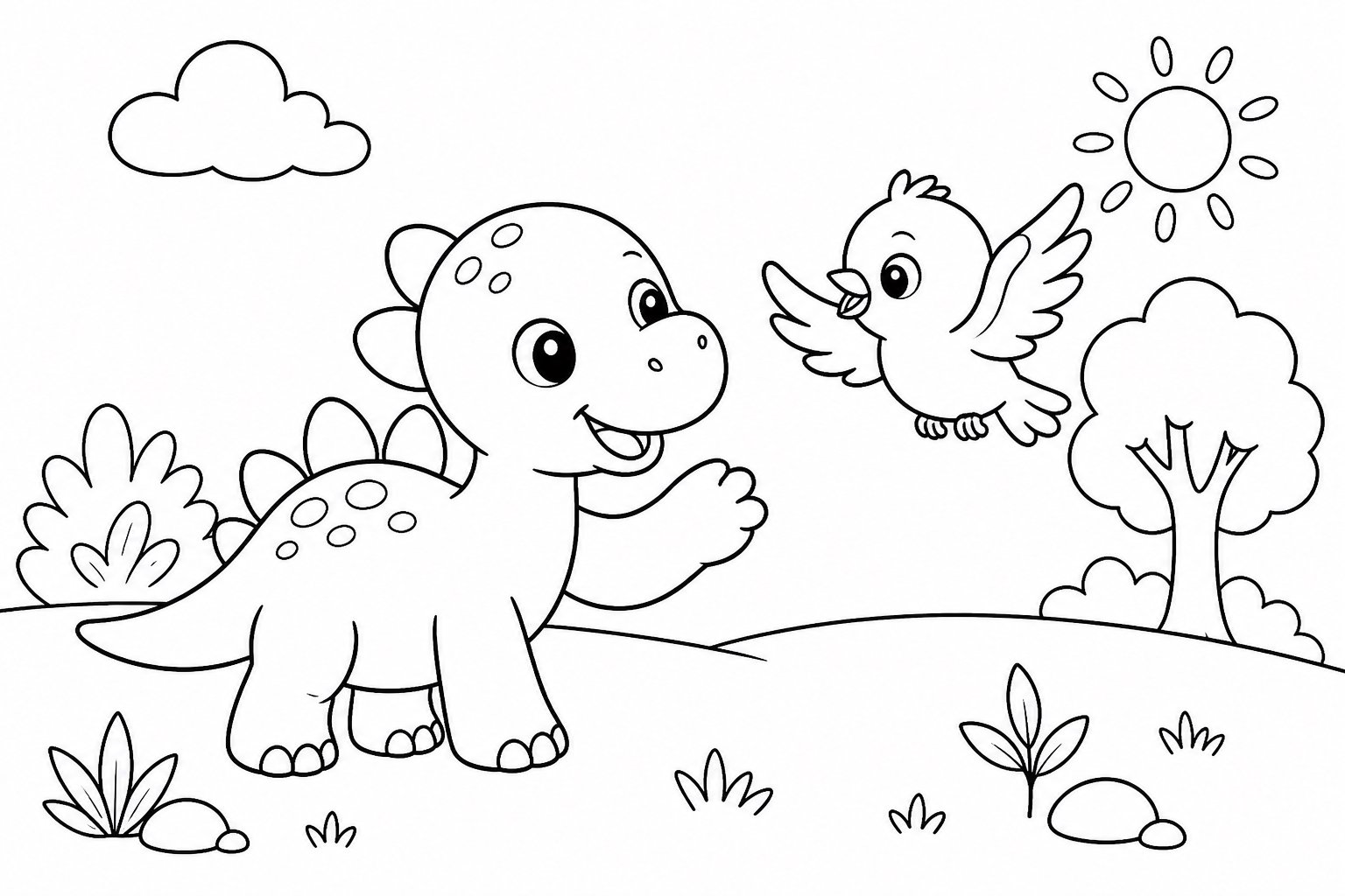 Filhote de dinossauro brincando com um passarinho